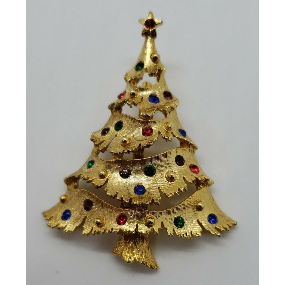 Vintage gold tone JJ Jonette colorful‎ rhinestone Christmas Tree brooch pin